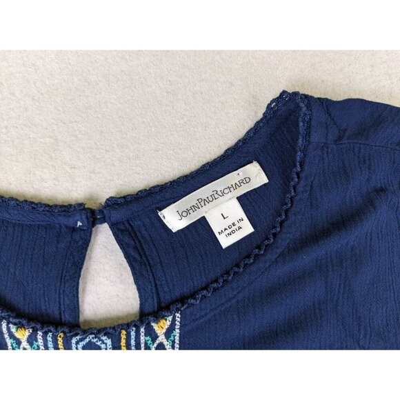 John Paul Richard Women's Top Size Large Blue Embroidered Peasant Boho Cut-Outs - Picture 5 of 14